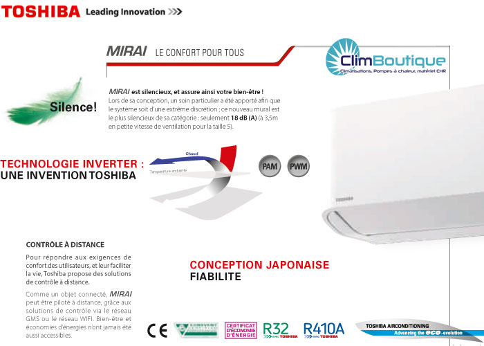 Climatiseur Toshiba Mirai inverter 2016